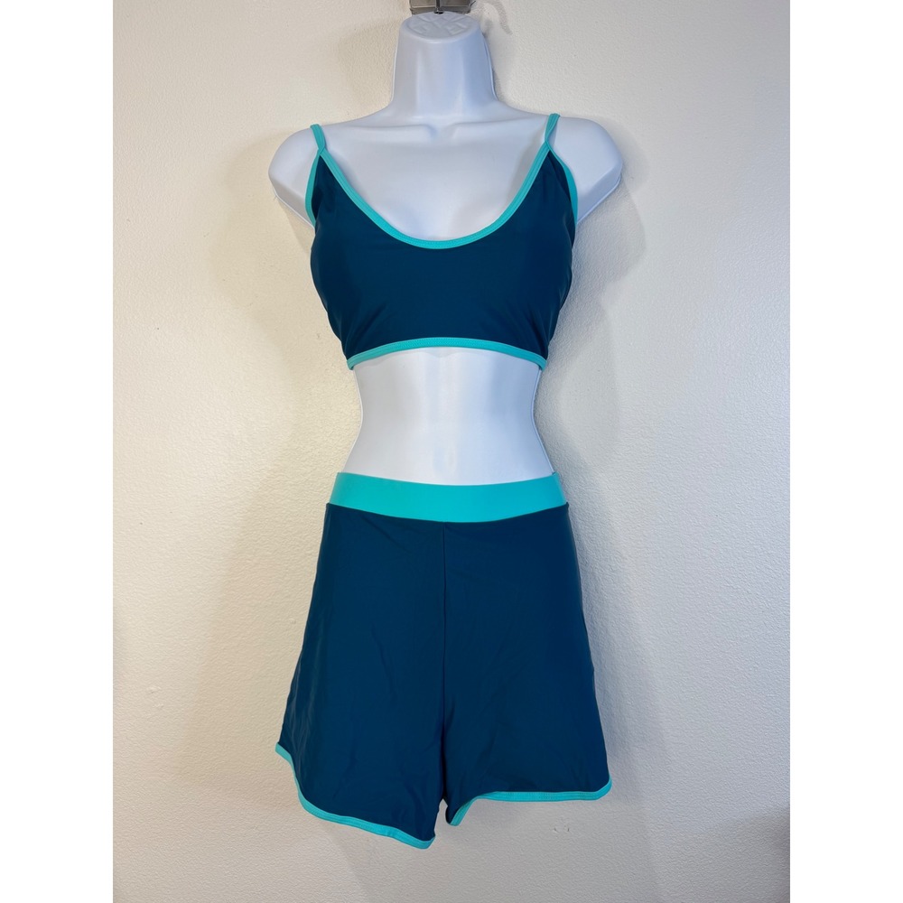 Zaful Womens Teal Turquoise Contrast Trim Bikini Top and Swim Shorts Set 2XL
